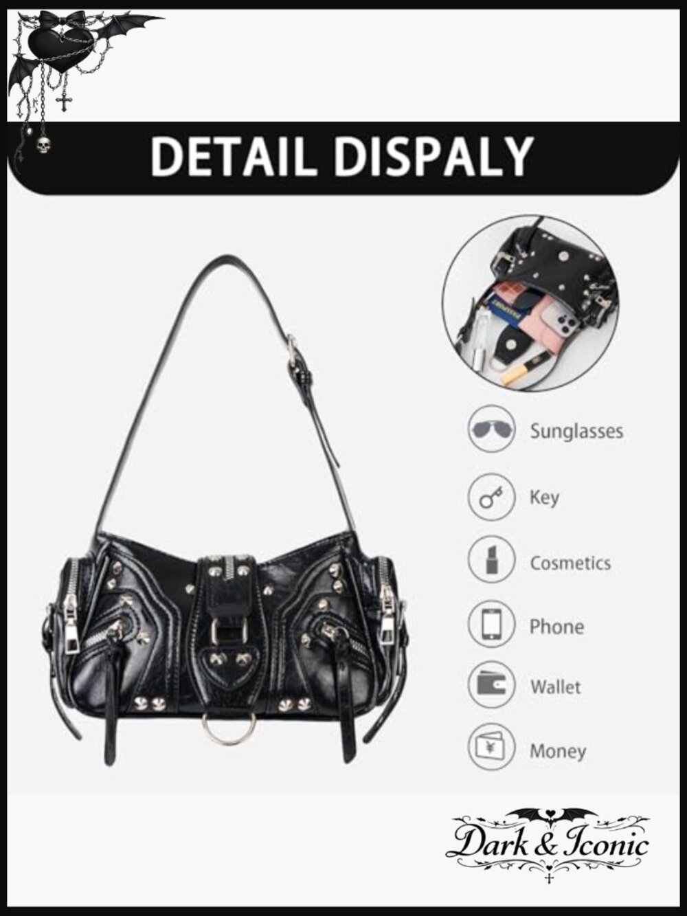 Small PU Leather Studded Shoulder Bag Mini Goth Punk Grunge Handbag - Picture 5 of 7
